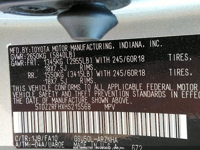 2017 TOYOTA HIGHLANDER LE VIN: 5TDZZRFHXHS215568