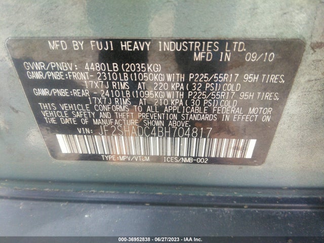2011 SUBARU FORESTER 2.5X PREMIUM VIN: JF2SHADC4BH704817