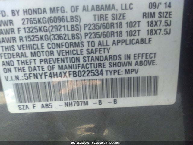 Honda Pilot Ex 2015 5FNYF4H4XFB022534 Image 9