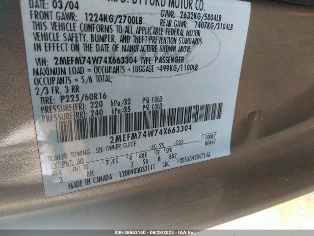 2004 MERCURY GRAND MARQUIS GS VIN: 2MEFM74W74X663304