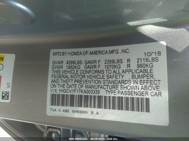 2019 HONDA ACCORD SEDAN LX 1.5T VIN: 1HGCV1F17KA003335
