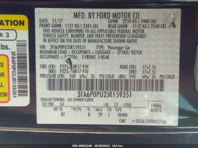 3FA6P0PU2JR159351 Ford Fusion Energi Se