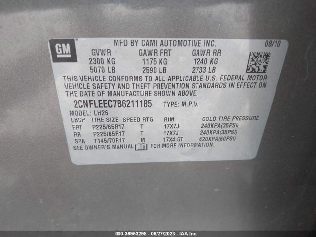 2011 CHEVROLET EQUINOX LT W/1LT VIN: 2CNFLEEC7B6211185