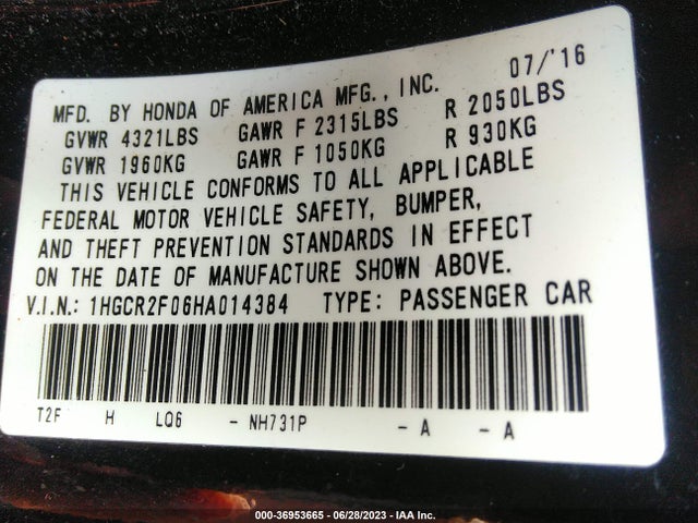 2017 HONDA ACCORD SEDAN EX VIN: 1HGCR2F06HA014384