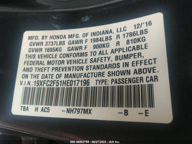 Honda Civic Sedan Lx 2017 19XFC2F51HE017196 Image 9