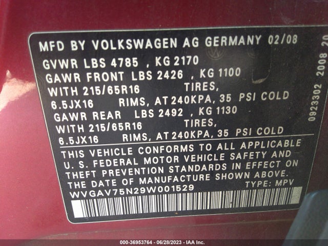 2009 VOLKSWAGEN TIGUAN S/SE/SEL/SE W/LEATHER VIN: WVGAV75N29W001529