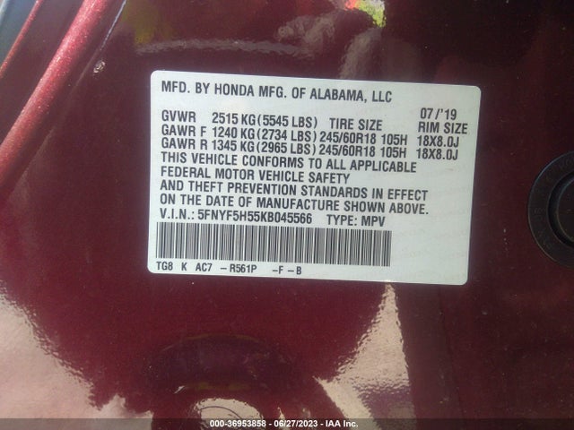 Honda Pilot Ex-l 2019 5FNYF5H55KB045566 Image 9