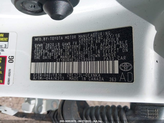 2016 TOYOTA COROLLA L/LE/S/S PLUS/LE PLUS VIN: 2T1BURHE3GC589868
