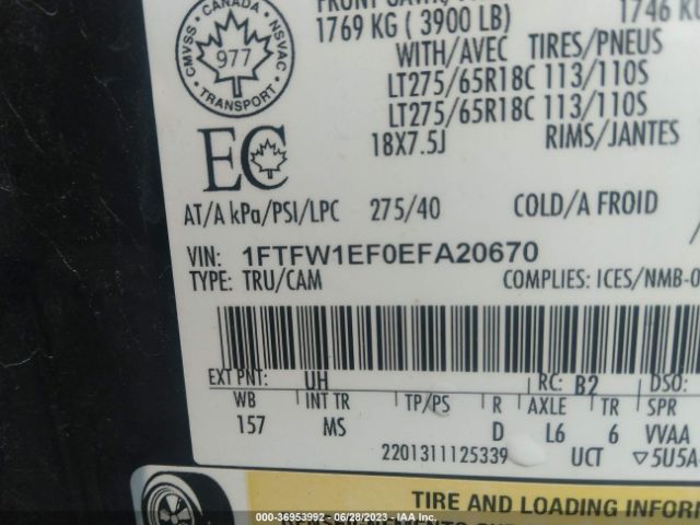 1FTFW1EF0EFA20670 Ford F-150 Xl/xlt/stx/fx4/lariat