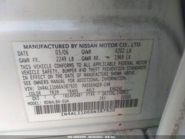 2006 NISSAN ALTIMA 2.5 S VIN: 1N4AL11D66N387920