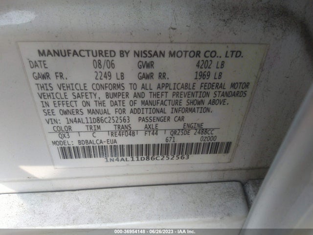 2006 NISSAN ALTIMA 2.5 S VIN: 1N4AL11D86C252563