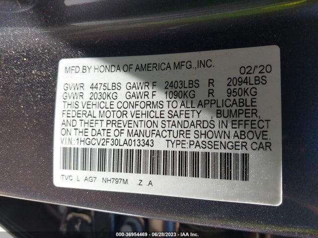2020 HONDA ACCORD SEDAN SPORT VIN: 1HGCV2F30LA013343