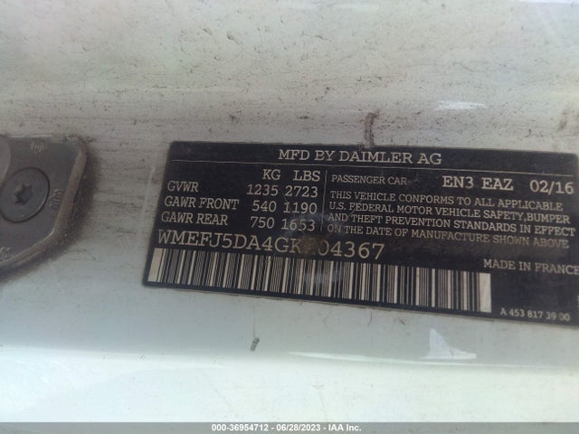 2016 SMART FORTWO PASSION/PURE/PRIME/PROXY VIN: WMEFJ5DA4GK104367