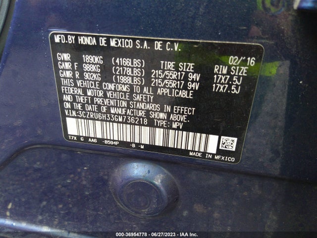 Honda HR-V LX 2016 3CZRU6H33GM736218 Image 9