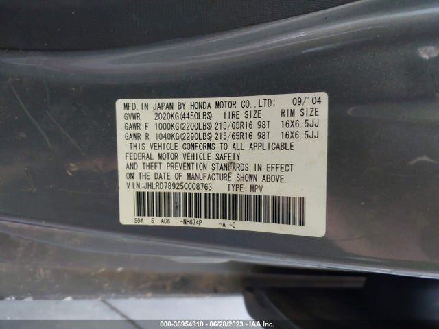 2005 HONDA CR-V EX SE VIN: JHLRD78925C008763