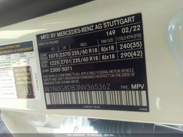 W1N0G8DB3NV365362 Mercedes-Benz Glc Glc 300
