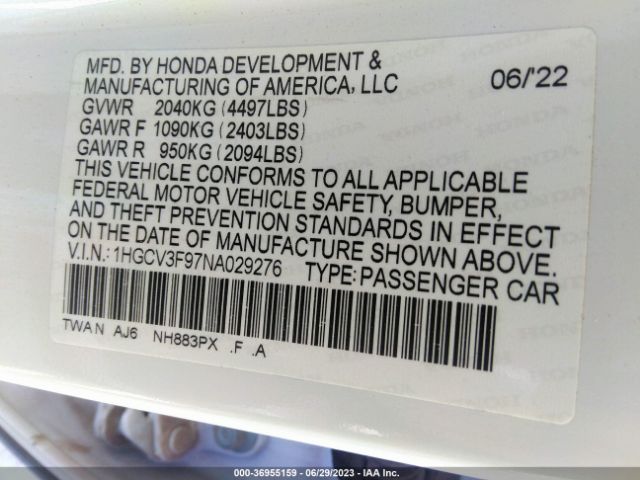 1HGCV3F97NA029276 Honda Accord Hybrid Touring