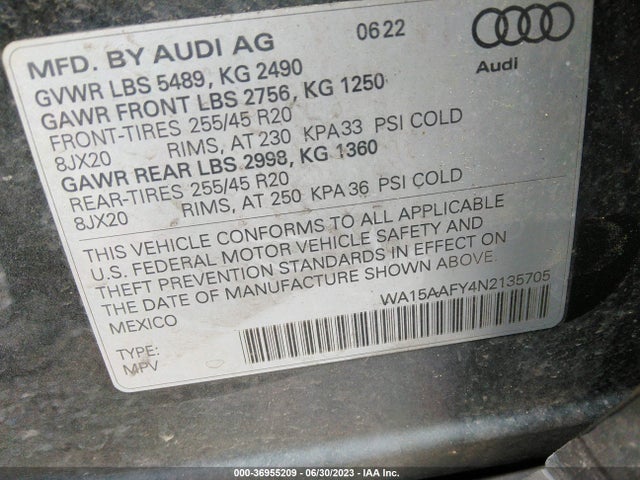 2022 Audi Q5, VIN: WA15AAFY4N2135705