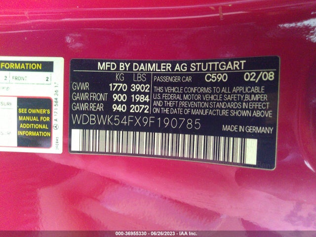 2009 MERCEDES-BENZ SLK-CLASS 3.0L VIN: WDBWK54FX9F190785
