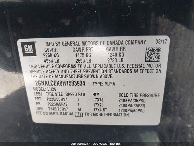 2017 CHEVROLET EQUINOX LT VIN: 2GNALCEK8H1583934