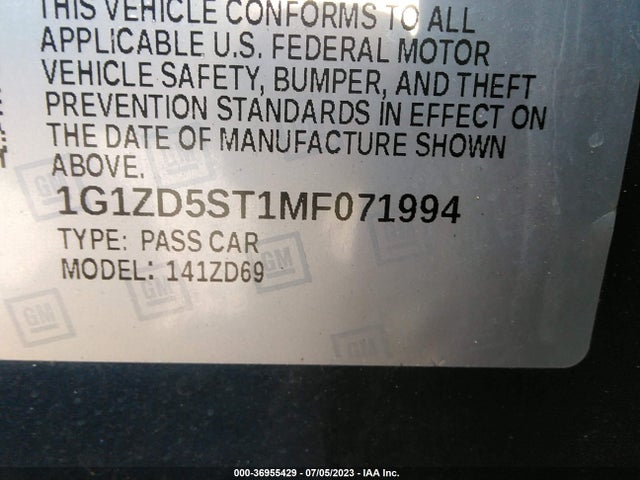 2021 CHEVROLET MALIBU LT VIN: 1G1ZD5ST1MF071994