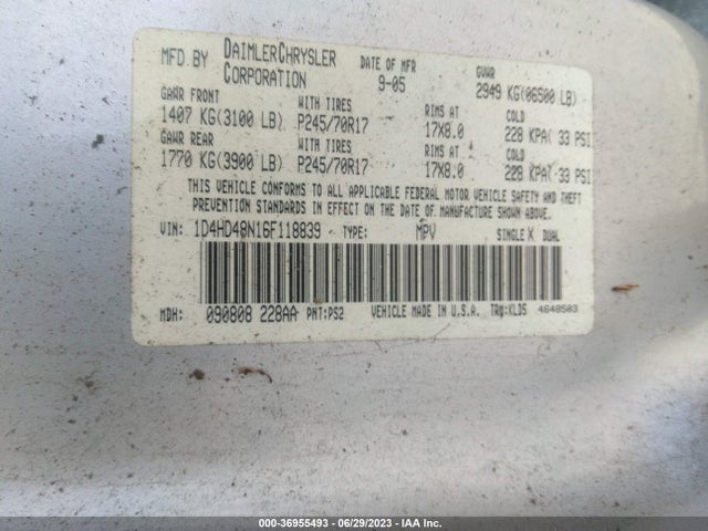 2006 DODGE DURANGO SLT VIN: 1D4HD48N16F118839