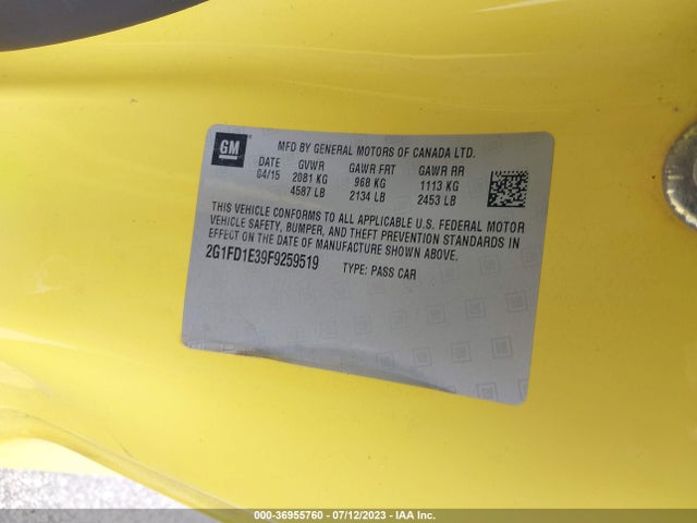 Chevrolet Camaro 1lt 2015 2G1FD1E39F9259519 Image 9