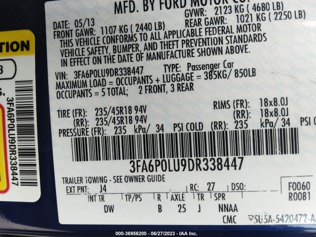 2013 FORD FUSION SE HYBRID VIN: 3FA6P0LU9DR338447