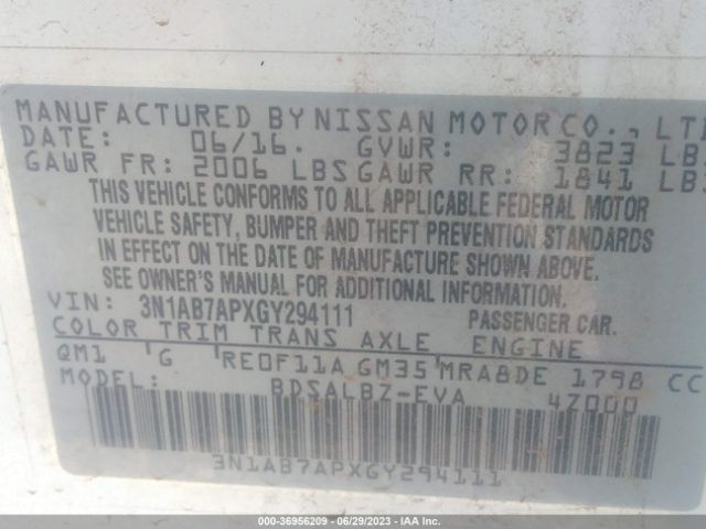 3N1AB7APXGY294111 Nissan Sentra Sr/sl/s/sv/fe+ S