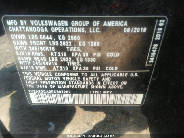 1V2AP2CA3KC597287 Volkswagen Atlas 2.0t S