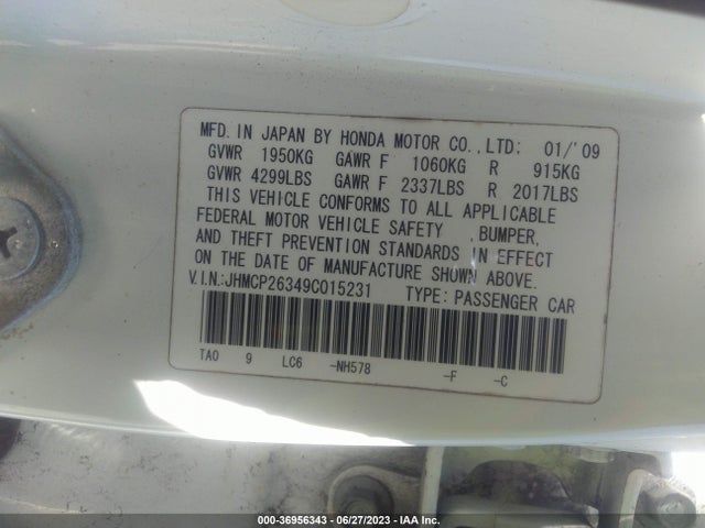 2009 HONDA ACCORD SDN LX VIN: JHMCP26349C015231