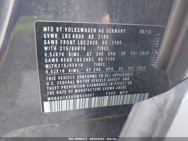 WVGAV7AX6GW528087 Volkswagen TIGUAN S