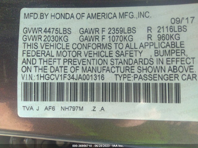 2018 HONDA ACCORD SEDAN SPORT 1.5T VIN: 1HGCV1F34JA001316