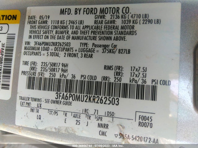 Ford Fusion Hybrid Sel 2019 3FA6P0MU2KR262503 Image 14