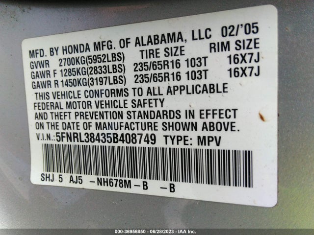 2005 HONDA ODYSSEY EX VIN: 5FNRL38435B408749