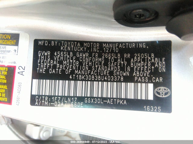 2011 TOYOTA AVALON VIN: 4T1BK3DB3BU403378
