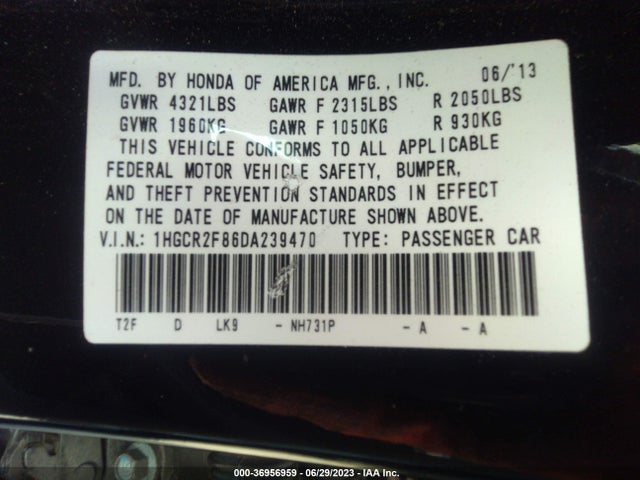 2013 HONDA ACCORD SDN EX-L VIN: 1HGCR2F86DA239470