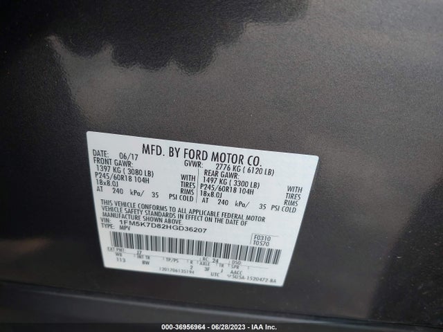 2017 FORD EXPLORER XLT VIN: 1FM5K7D82HGD36207