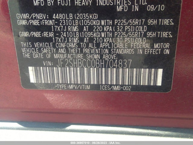 2011 SUBARU FORESTER 2.5X PREMIUM VIN: JF2SHBCC0BH704837