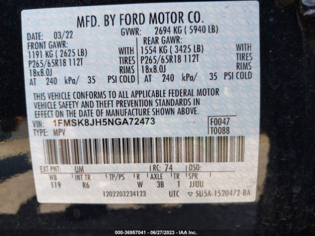 1FMSK8JH5NGA72473 Ford Explorer Timberline