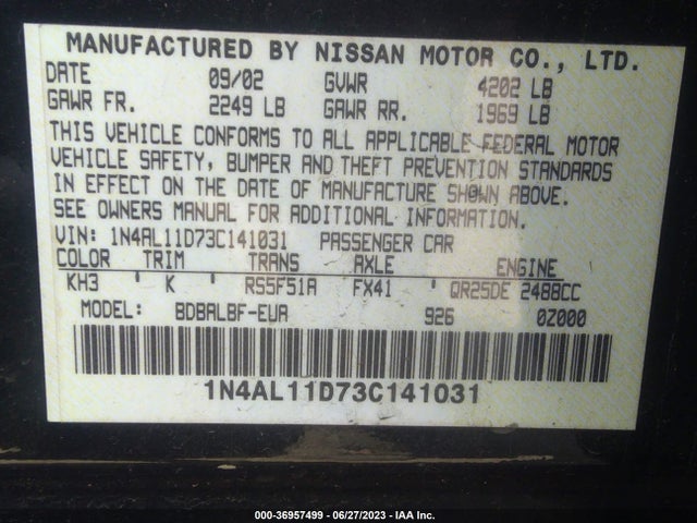 2003 NISSAN ALTIMA S VIN: 1N4AL11D73C141031