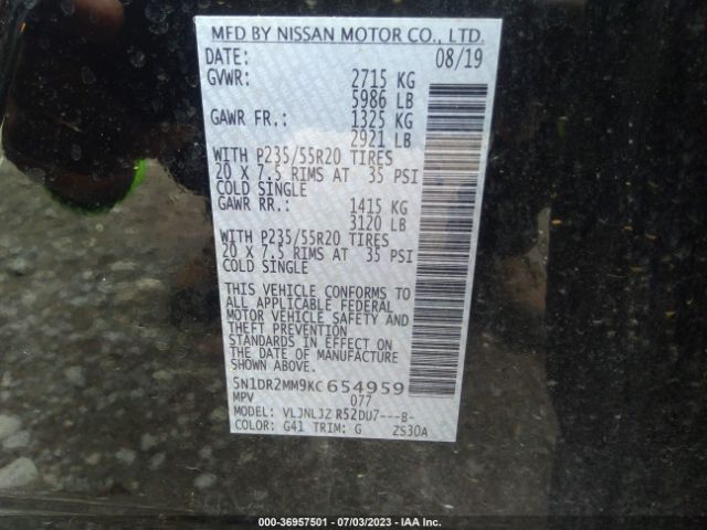 5N1DR2MM9KC654959 Nissan Pathfinder Platinum