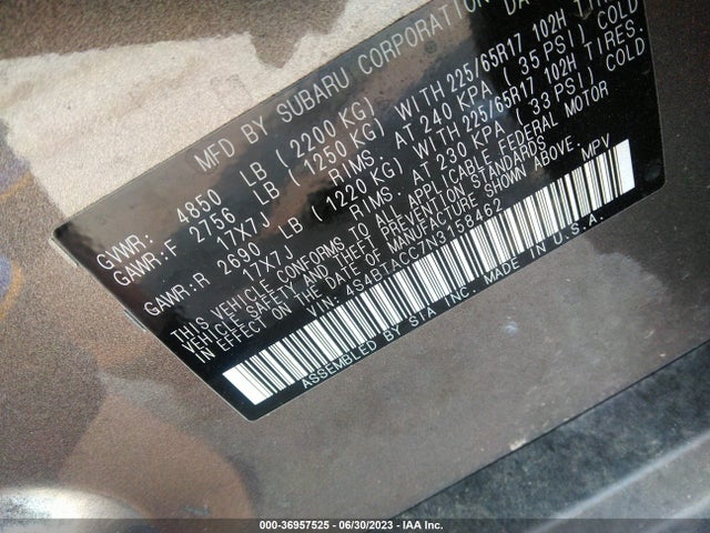 2022 SUBARU OUTBACK PREMIUM VIN: 4S4BTACC7N3158462