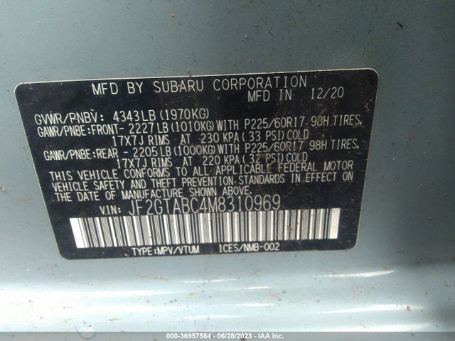 2021 SUBARU CROSSTREK VIN: JF2GTABC4M8310969