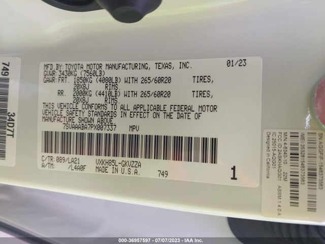 2023 TOYOTA SEQUOIA SR5/LIMITED/PLATINUM VIN: 7SVAAABA7PX007337