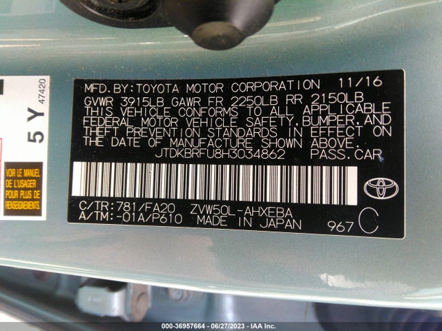 Toyota Prius Two/two Eco/three 2017 JTDKBRFU8H3034862 Image 15