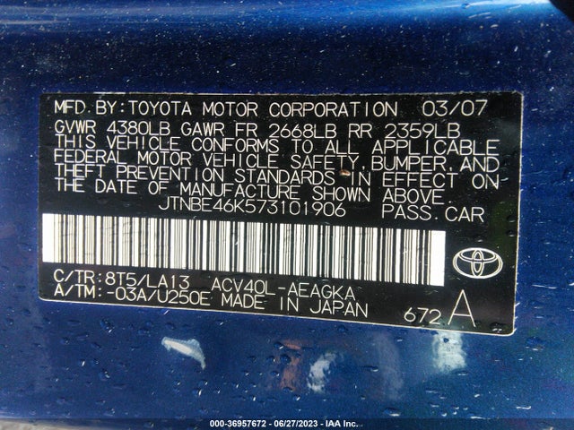 2007 TOYOTA CAMRY CE/LE/SE/XLE VIN: JTNBE46K573101906