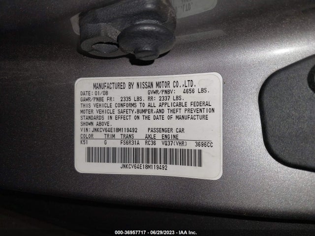 2008 INFINITI G37 COUPE SPORT VIN: JNKCV64E18M119492