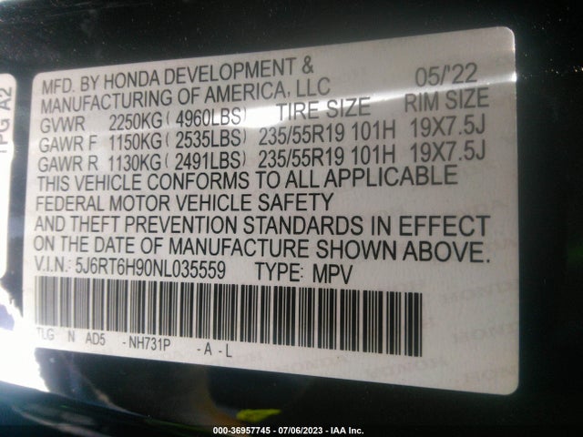 Honda Cr-v Hybrid Touring 2022 5J6RT6H90NL035559 Image 15