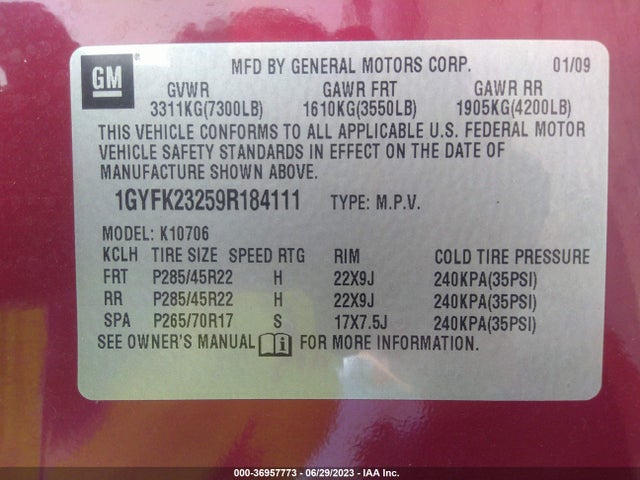2009 CADILLAC ESCALADE VIN: 1GYFK23259R184111